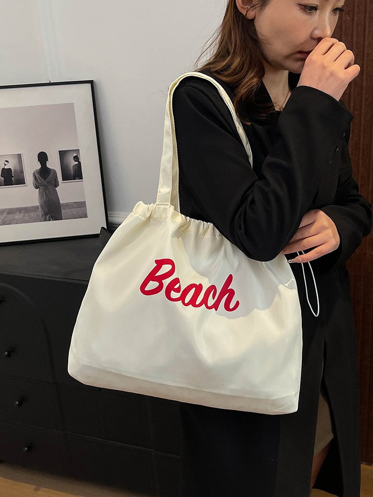 New Style Large Capacity Nylon Letter Print Women's Shoulder Bag Casual Portable Drawstring Tote Bag City Simple Love Shape