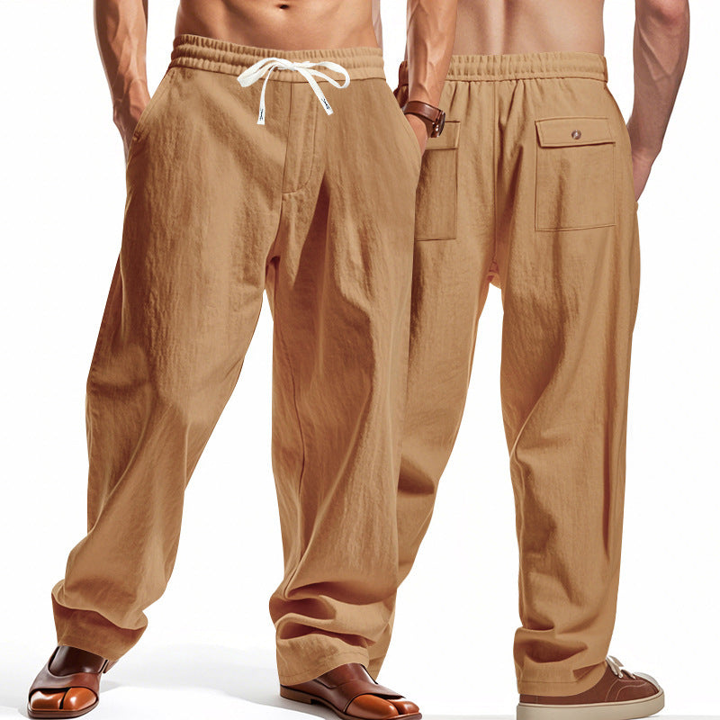 Men's Casual Solid Color Linen Straight Full Length Pants For Everyday Wear