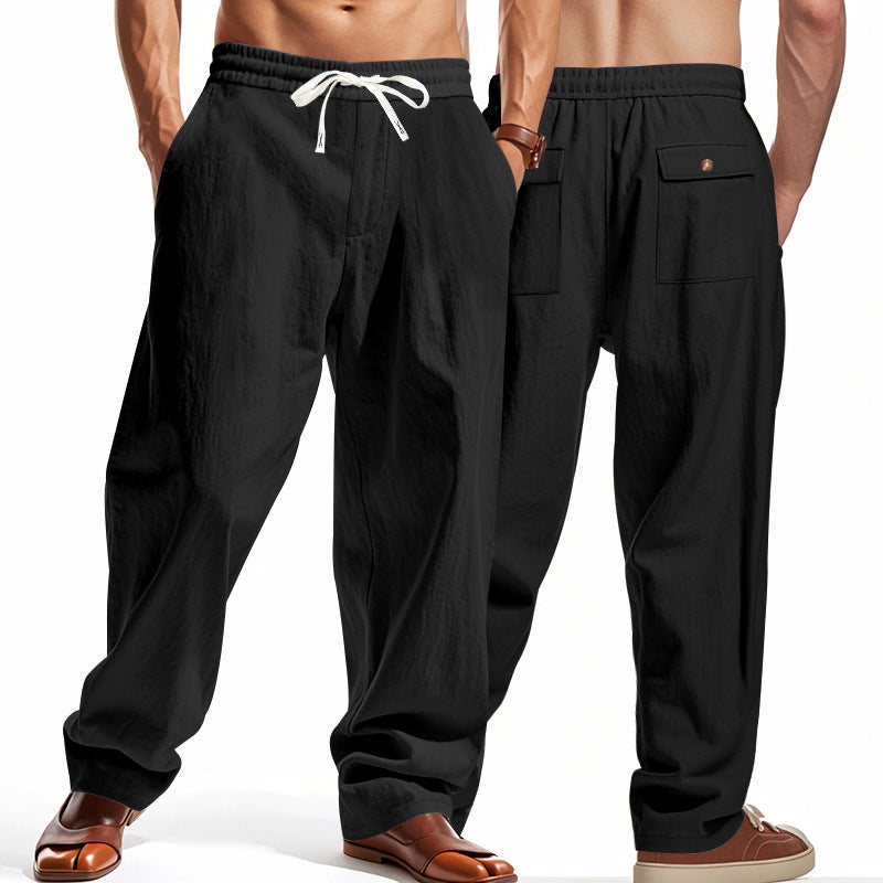 Men's Casual Solid Color Linen Straight Full Length Pants For Everyday Wear