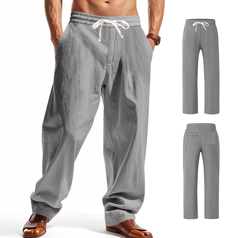 Men's Casual Solid Color Linen Straight Full Length Pants For Everyday Wear