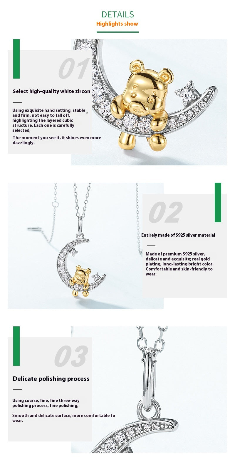 Delicate Bear Pendant Necklace 925 Silver Choker Customizable Cute Fashion Jewelry Geometric Pattern Female Style