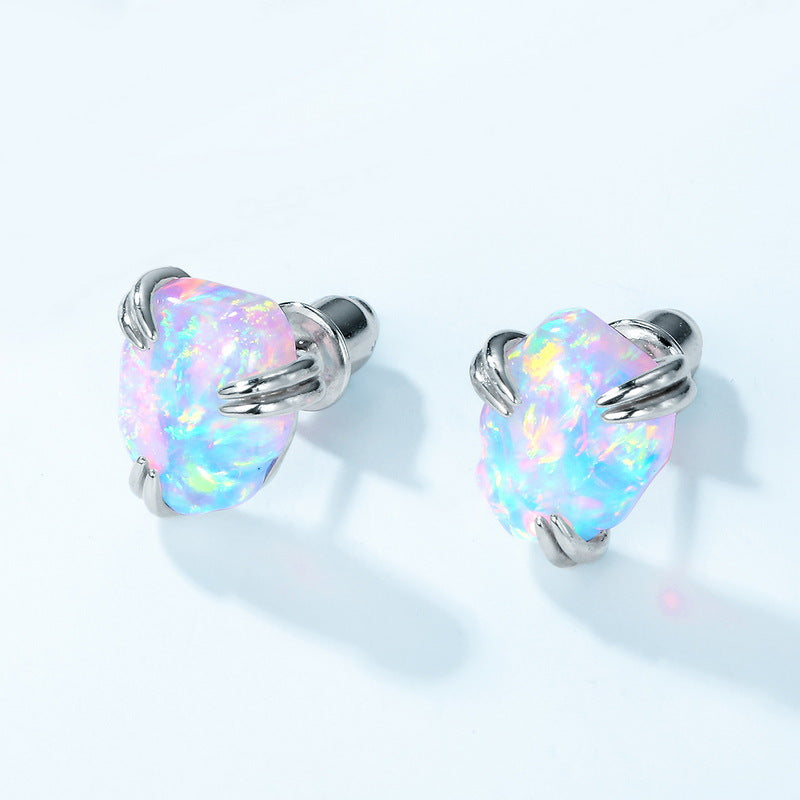 Fashionable Irregular Shaped Fire Opal Stud Earrings S925 Sterling Silver Gold Plated Geometric Pattern Women's Jewelry
