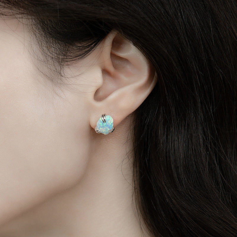 Fashionable Irregular Shaped Fire Opal Stud Earrings S925 Sterling Silver Gold Plated Geometric Pattern Women's Jewelry
