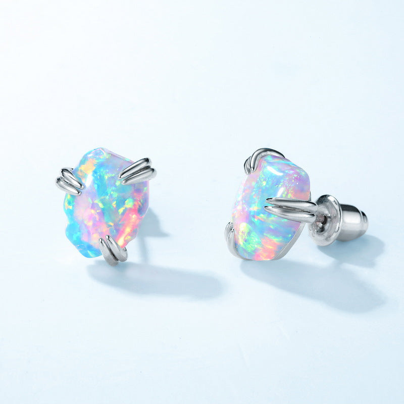 Fashionable Irregular Shaped Fire Opal Stud Earrings S925 Sterling Silver Gold Plated Geometric Pattern Women's Jewelry