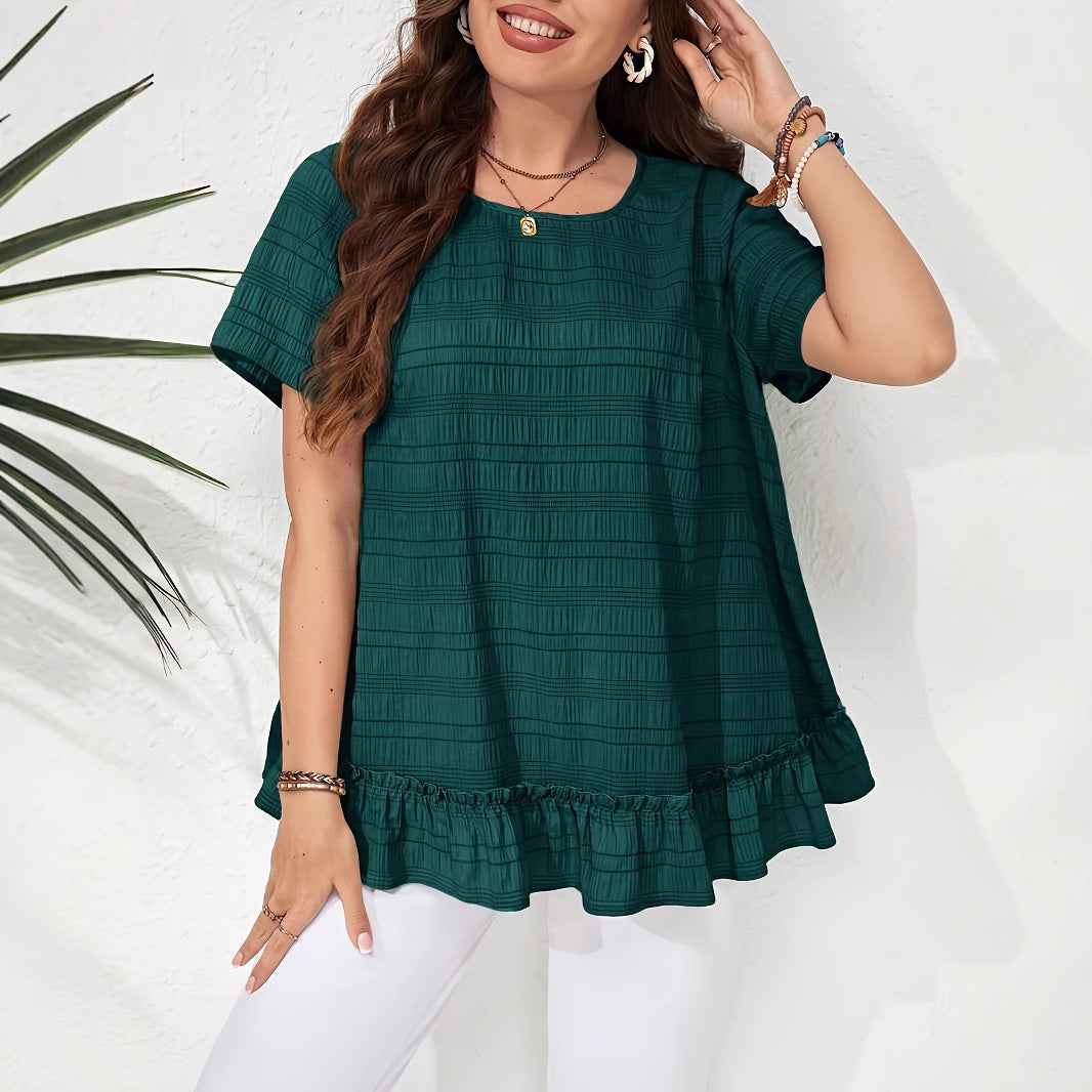 Ladies Pure Color Simple Daily Shirt Lace Hem Summer Suitable Round Neck Short Sleeve Loose Fit T-Shirt New Casual Style