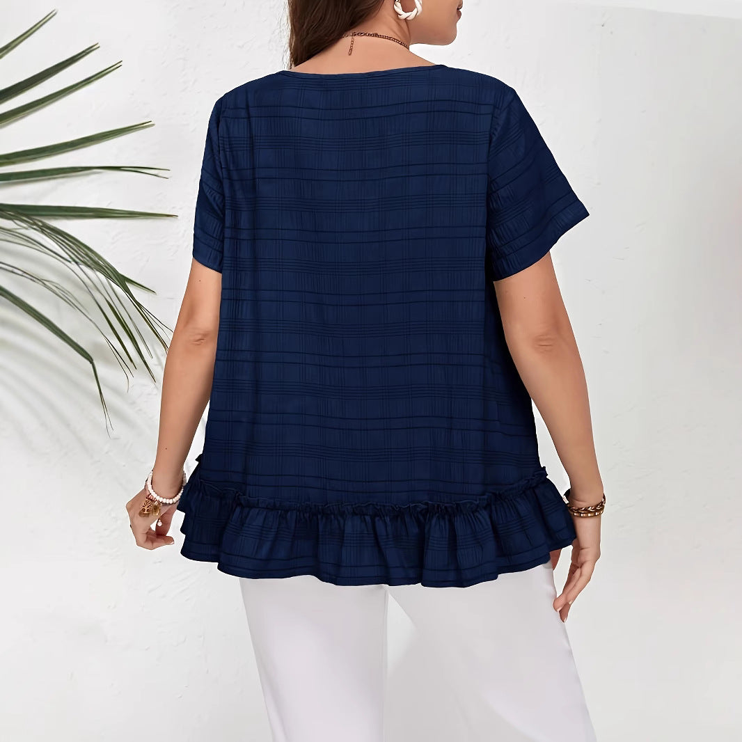 Ladies Pure Color Simple Daily Shirt Lace Hem Summer Suitable Round Neck Short Sleeve Loose Fit T-Shirt New Casual Style