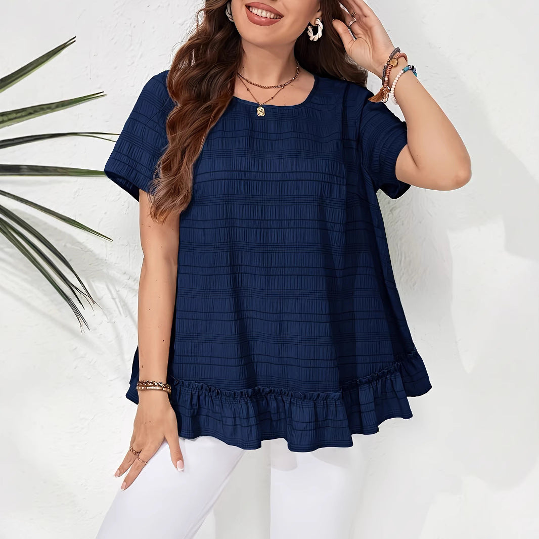 Ladies Pure Color Simple Daily Shirt Lace Hem Summer Suitable Round Neck Short Sleeve Loose Fit T-Shirt New Casual Style