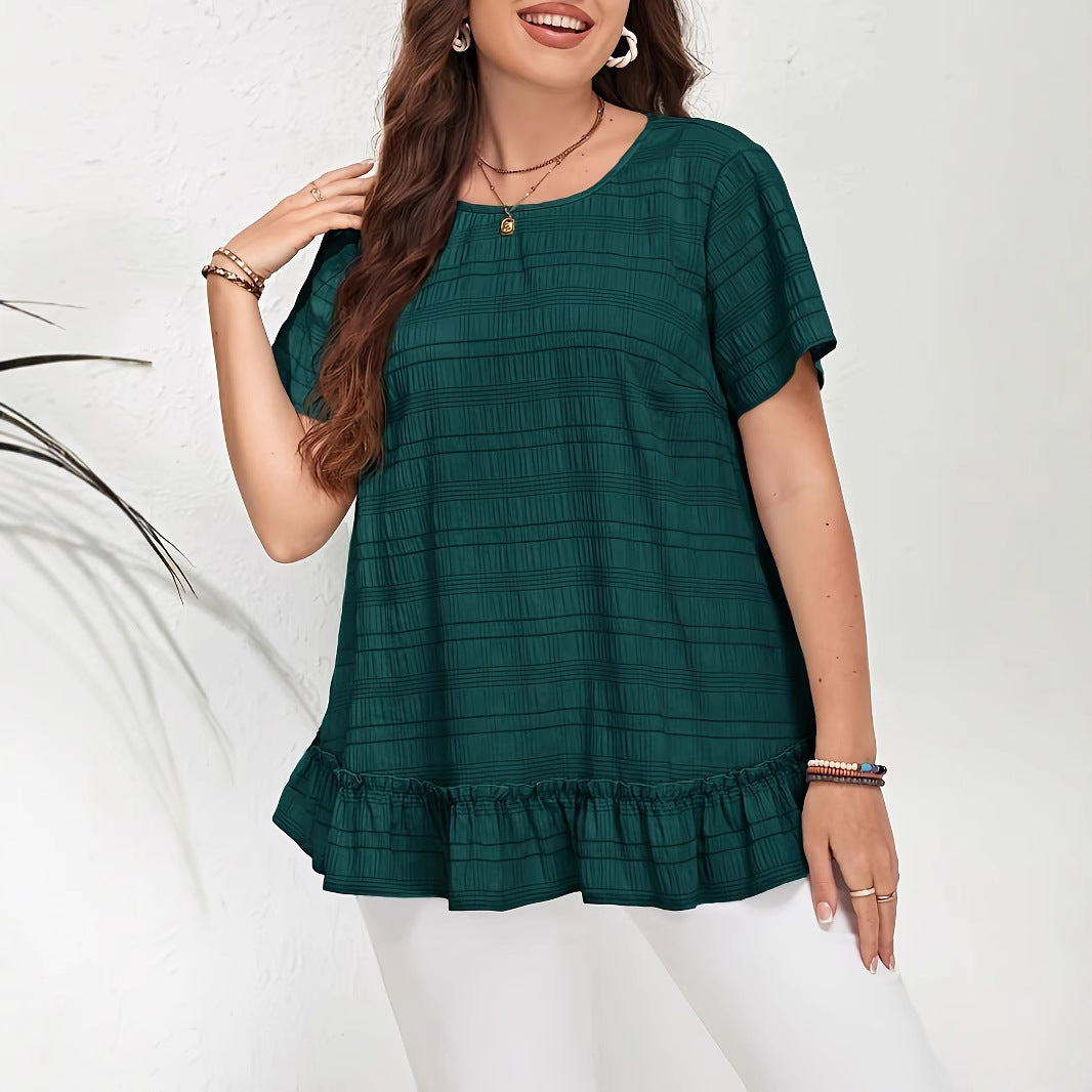 Ladies Pure Color Simple Daily Shirt Lace Hem Summer Suitable Round Neck Short Sleeve Loose Fit T-Shirt New Casual Style