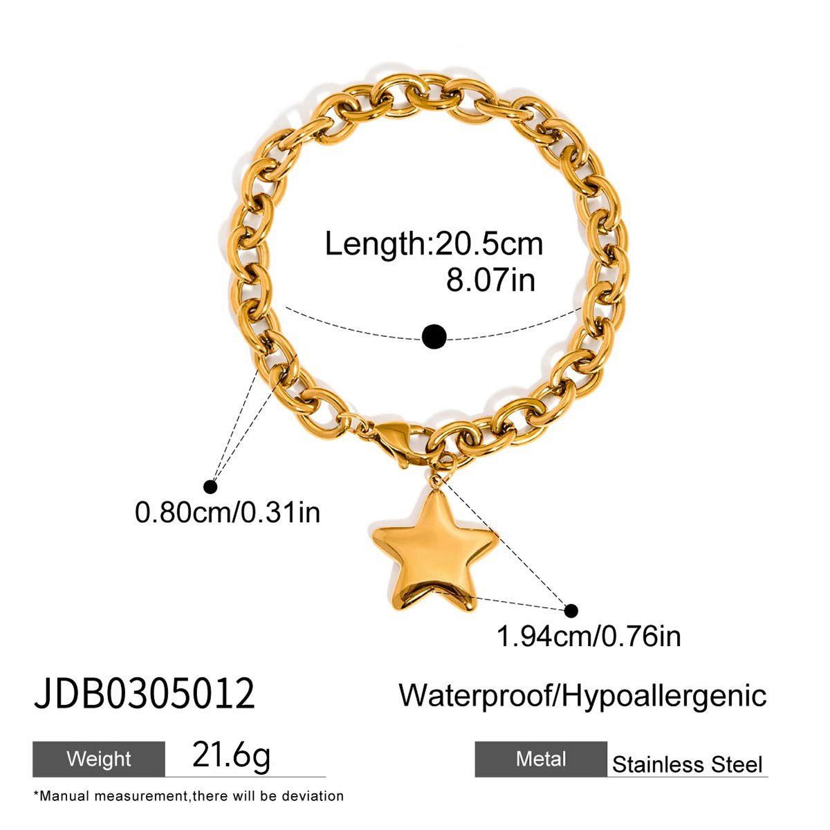 Classic Style Women's Stainless Steel 18K Gold Plated Star Pendant Bracelet 20.5CM Safe Clasp Travel Suitable Cuban Chain