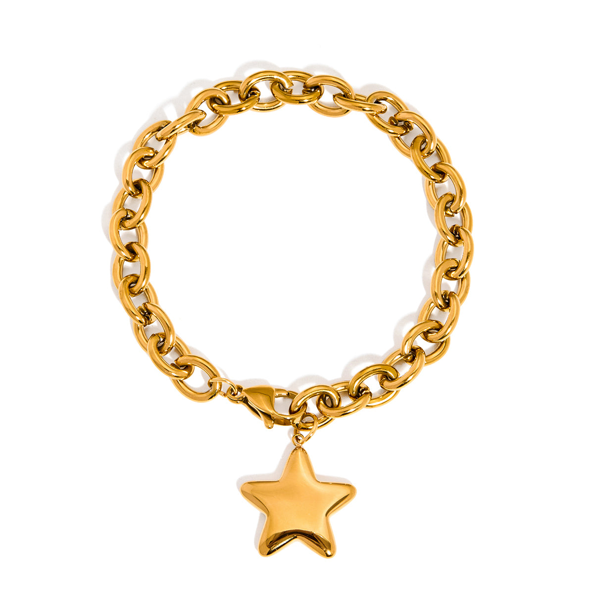 Classic Style Women's Stainless Steel 18K Gold Plated Star Pendant Bracelet 20.5CM Safe Clasp Travel Suitable Cuban Chain