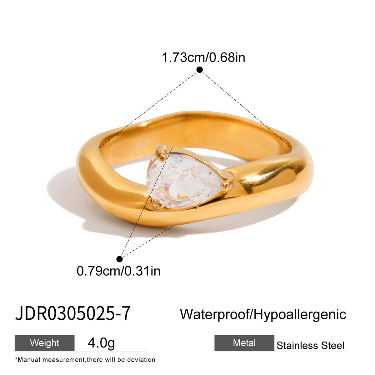Geometric Waterproof Non Tarnish Rings For Women In 304 Stainless Steel With 18K Real Gold PVD Coating And Zircon Inlay
