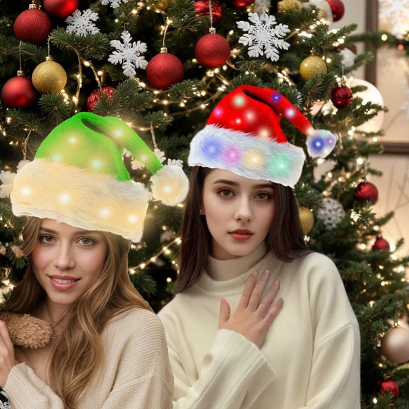 Double Layer Christmas Hat With Light Long Plush Warm Colorful Glow Party Christmas Decoration Accessories European Style