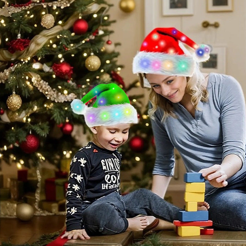 Double Layer Christmas Hat With Light Long Plush Warm Colorful Glow Party Christmas Decoration Accessories European Style