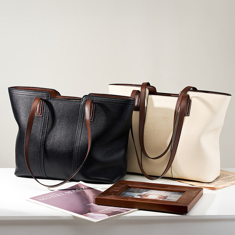 Large Square Genuine Leather Tote Bag For Women With Zipper Closure, Featuring Urban Minimalist Style And Splicing Design
