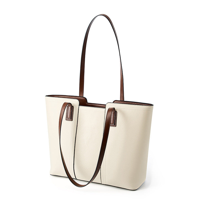 Large Square Genuine Leather Tote Bag For Women With Zipper Closure, Featuring Urban Minimalist Style And Splicing Design