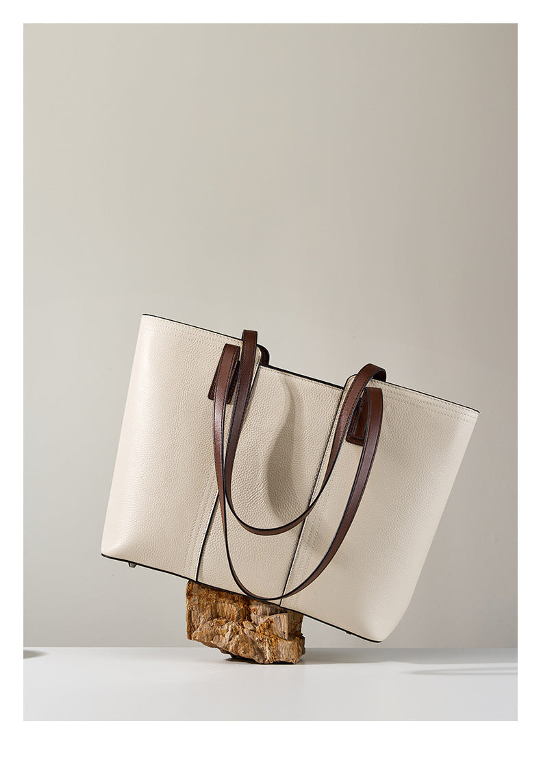 Large Square Genuine Leather Tote Bag For Women With Zipper Closure, Featuring Urban Minimalist Style And Splicing Design
