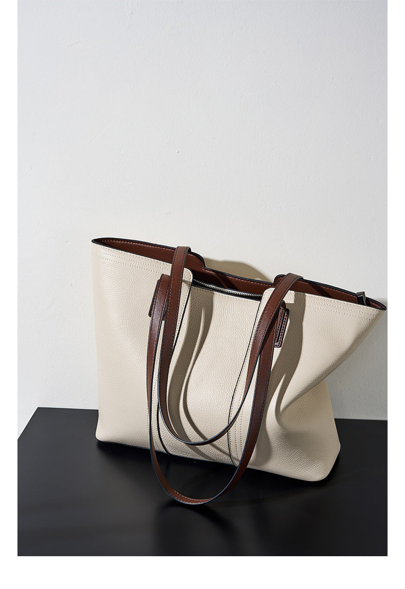 Large Square Genuine Leather Tote Bag For Women With Zipper Closure, Featuring Urban Minimalist Style And Splicing Design