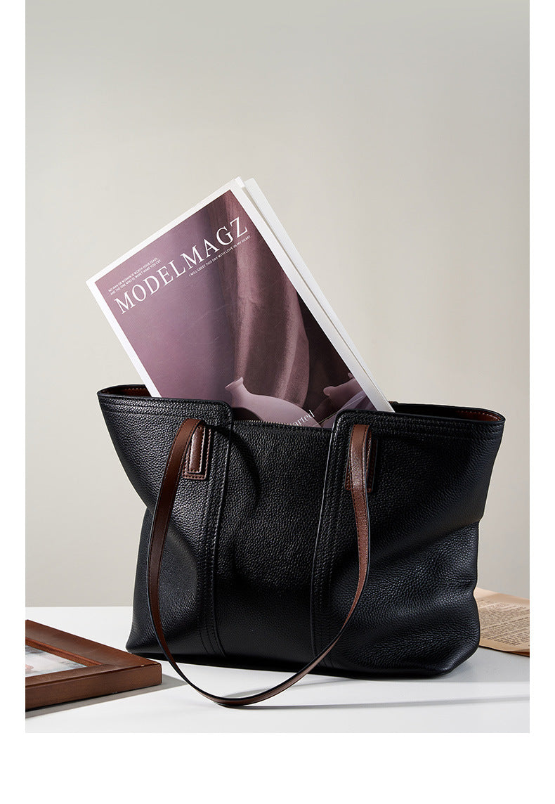 Large Square Genuine Leather Tote Bag For Women With Zipper Closure, Featuring Urban Minimalist Style And Splicing Design
