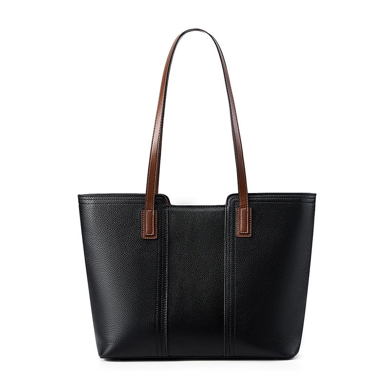 Large Square Genuine Leather Tote Bag For Women With Zipper Closure, Featuring Urban Minimalist Style And Splicing Design