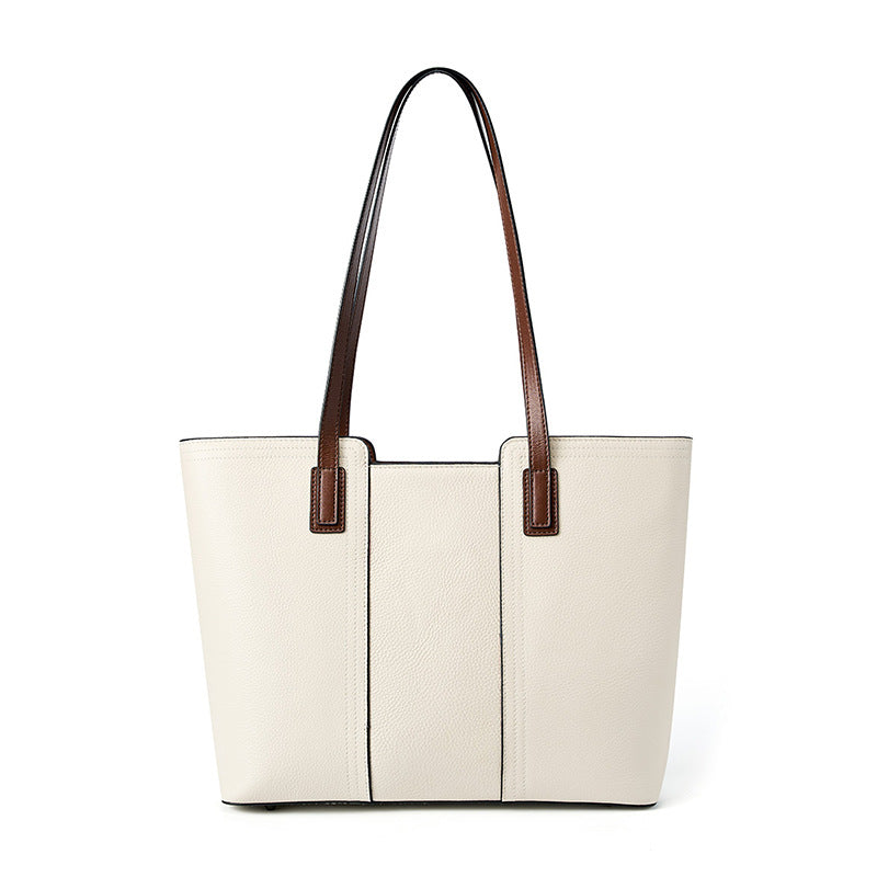 Large Square Genuine Leather Tote Bag For Women With Zipper Closure, Featuring Urban Minimalist Style And Splicing Design