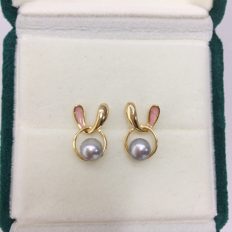 Natural Freshwater Pearl Earrings Women Cute Pink Rabbit 18K Gold Plated Pure Silver Ear Studs Fashionable Wedding Jewelry