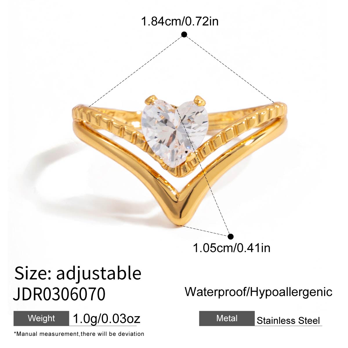 Geometric Waterproof Non Tarnish Rings For Women In 304 Stainless Steel With 18K Real Gold PVD Coating And Zircon Inlay