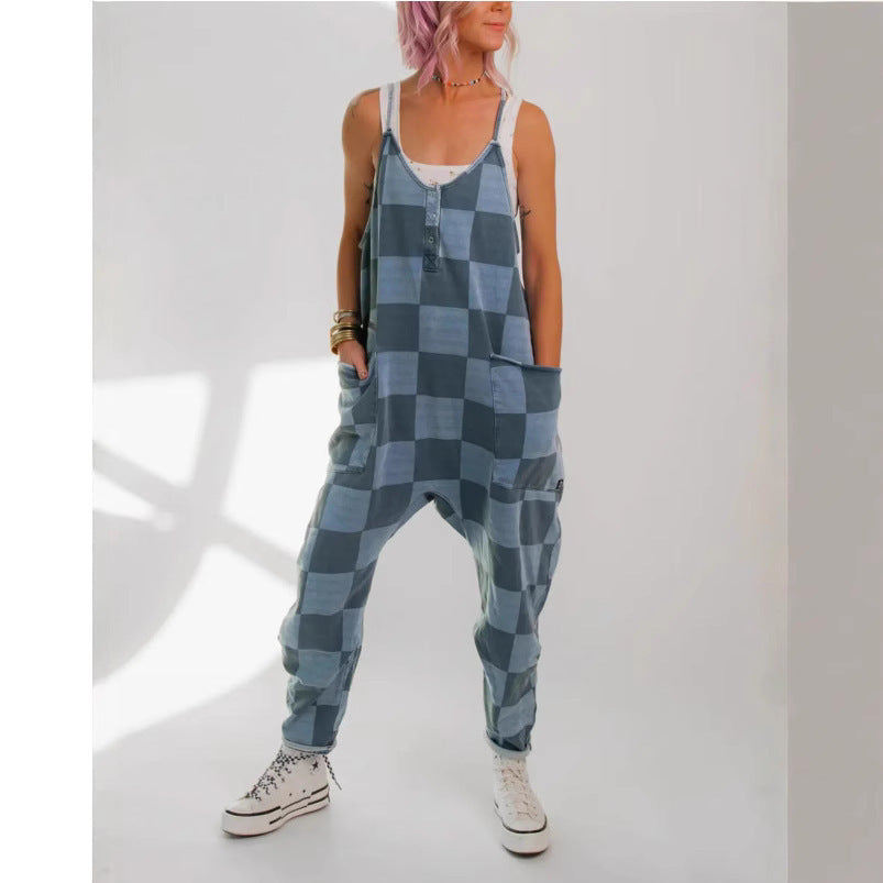 Casual Plaid Full Length Jumpsuit For Women In Polyester Fabric Featuring Printing Craft