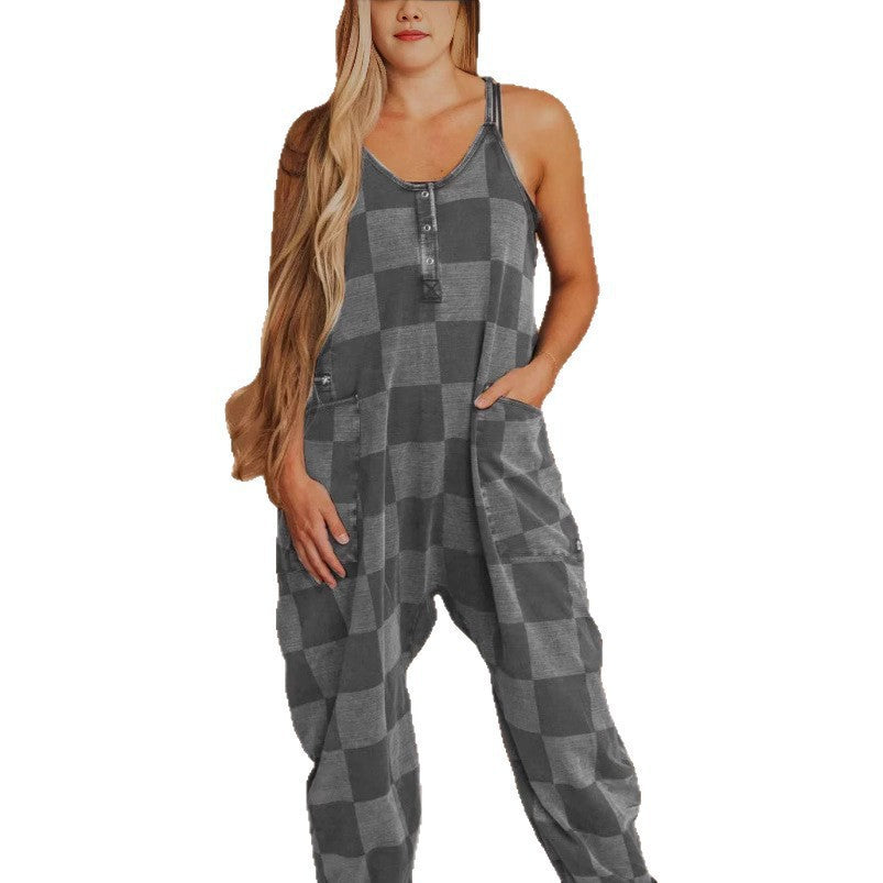Casual Plaid Full Length Jumpsuit For Women In Polyester Fabric Featuring Printing Craft