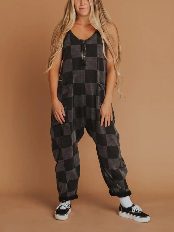 Casual Plaid Full Length Jumpsuit For Women In Polyester Fabric Featuring Printing Craft