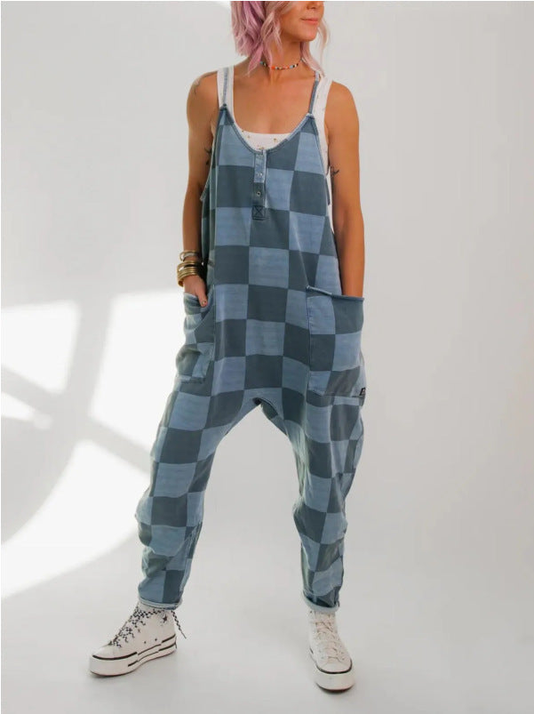 Casual Plaid Full Length Jumpsuit For Women In Polyester Fabric Featuring Printing Craft