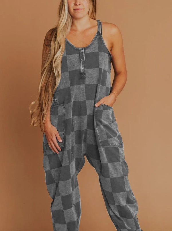 Casual Plaid Full Length Jumpsuit For Women In Polyester Fabric Featuring Printing Craft