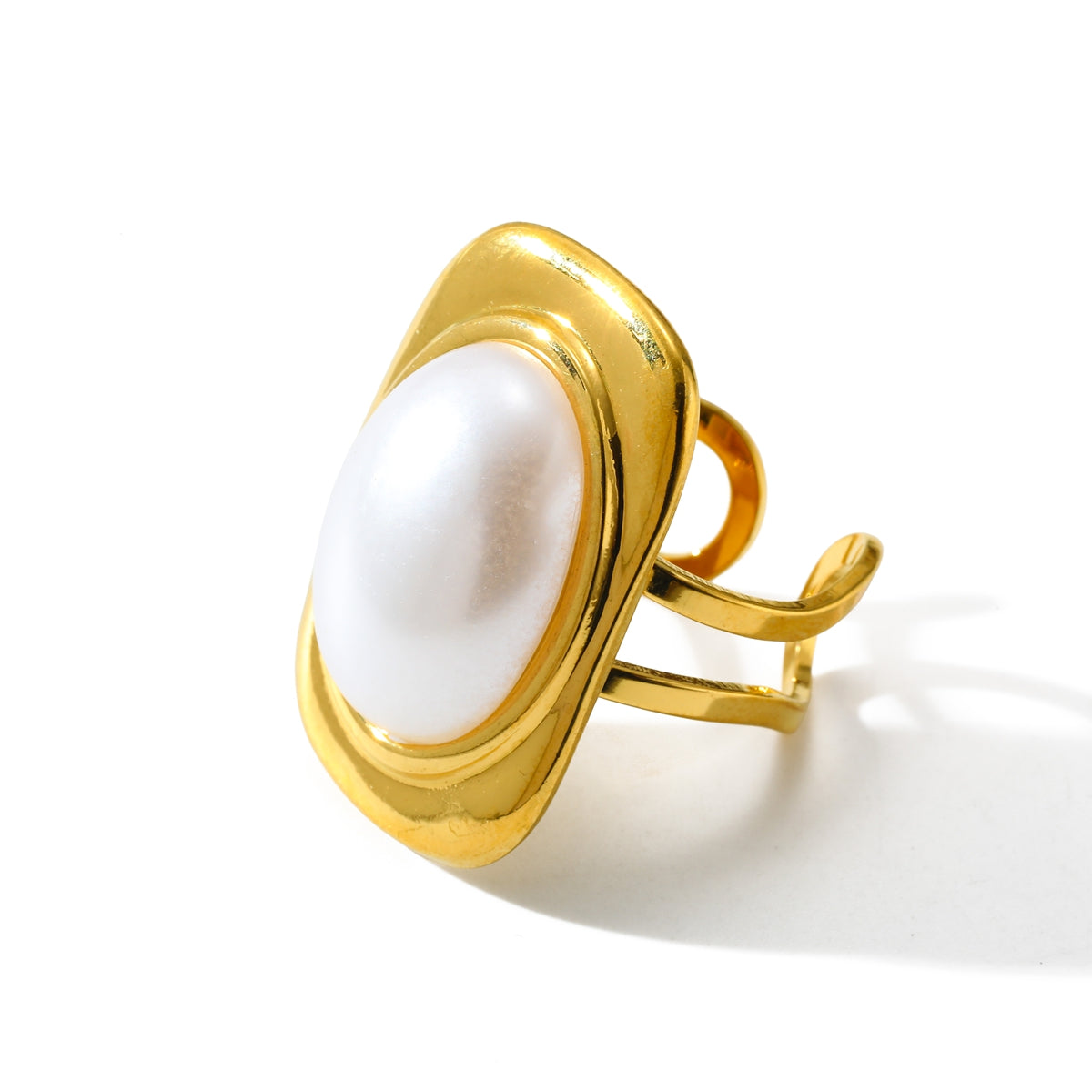 Elegant Open Ring Geometric Pattern Vacuum Plated 18K Stainless Steel Imitation Pearl Round Shape Fashionable Jewelry For Women