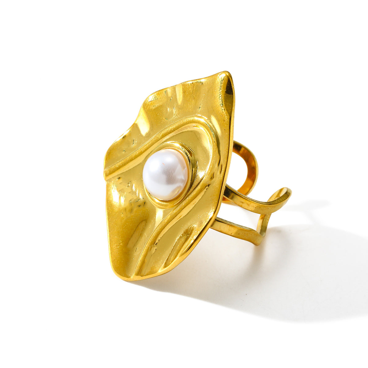 Elegant Open Ring Geometric Pattern Vacuum Plated 18K Stainless Steel Imitation Pearl Round Shape Fashionable Jewelry For Women