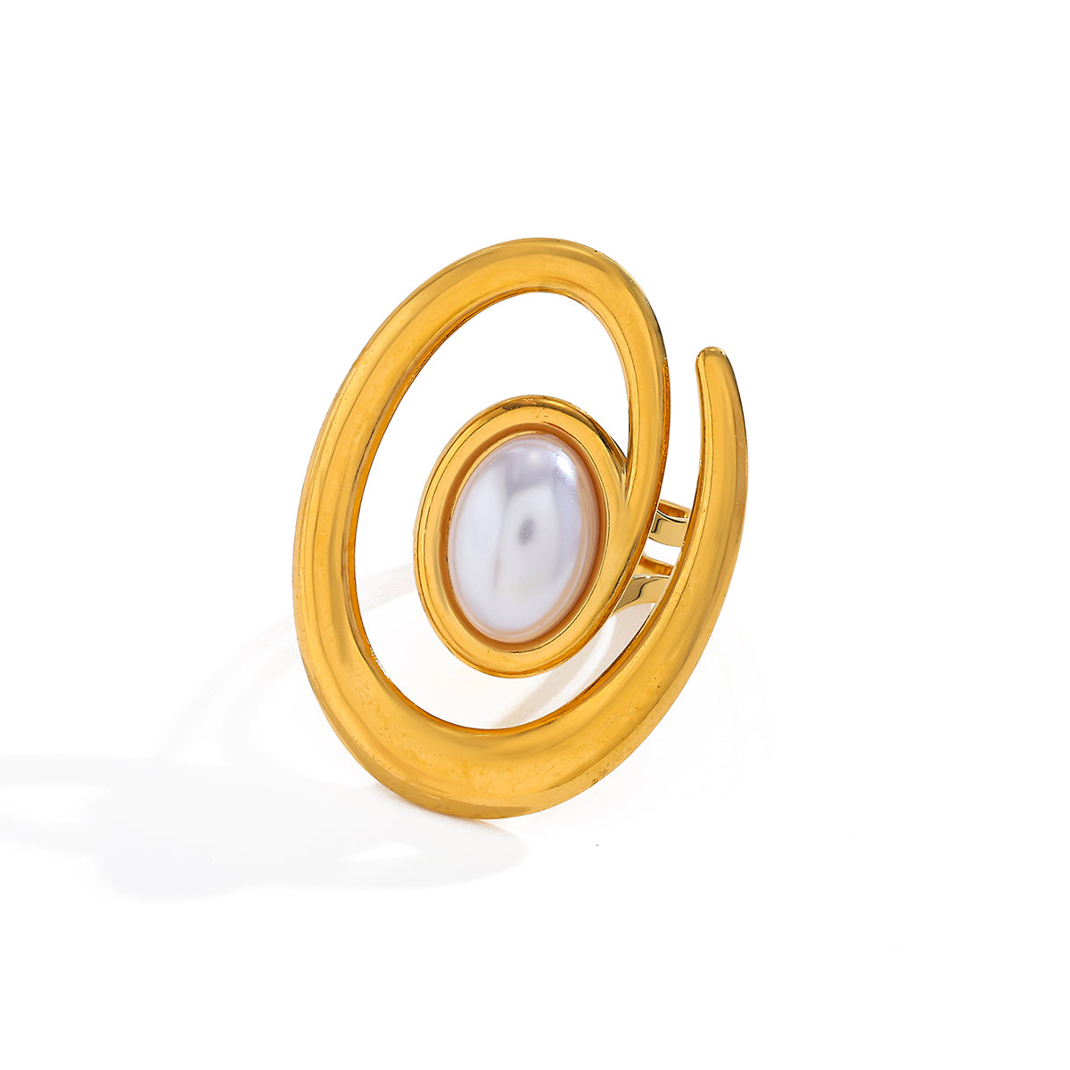 Elegant Open Ring Geometric Pattern Vacuum Plated 18K Stainless Steel Imitation Pearl Round Shape Fashionable Jewelry For Women
