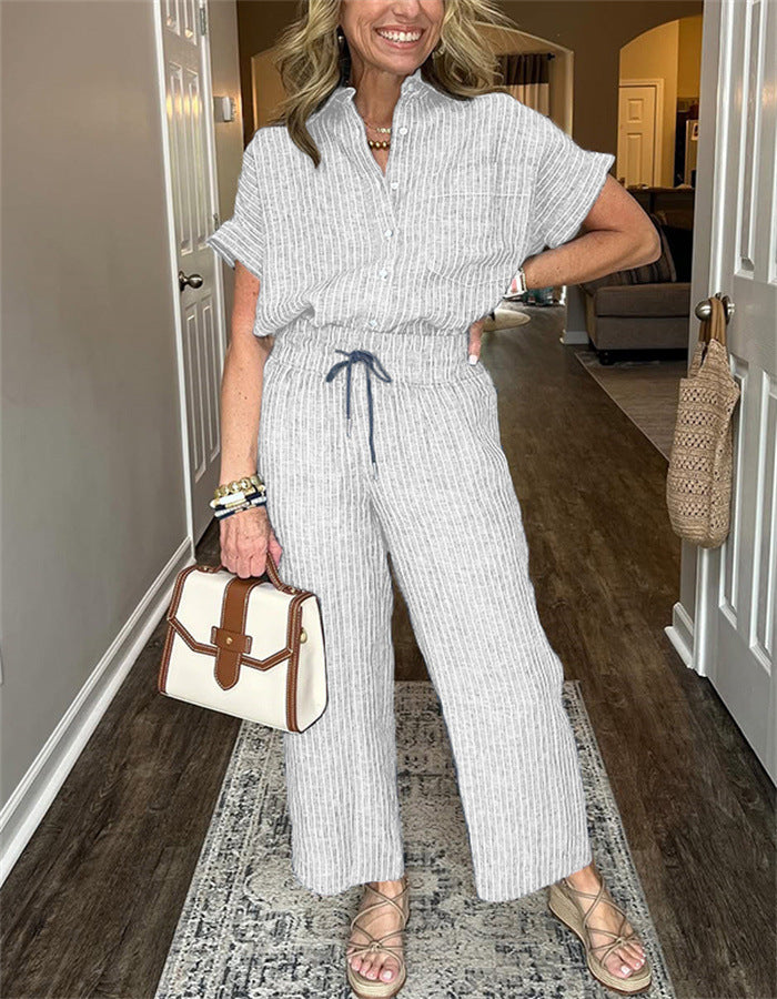 Casual Stripe Straight Pants Pant Co-ord Set In Polyester Fabric Featuring Stripe Design, 2 Pieces Set