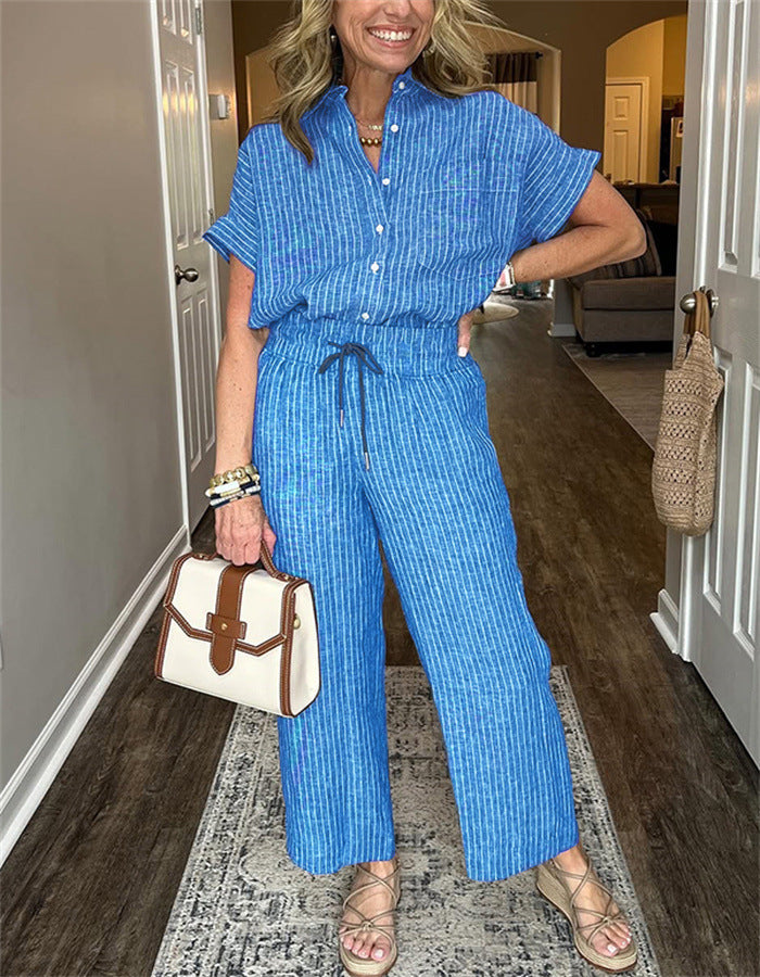 Casual Stripe Straight Pants Pant Co-ord Set In Polyester Fabric Featuring Stripe Design, 2 Pieces Set