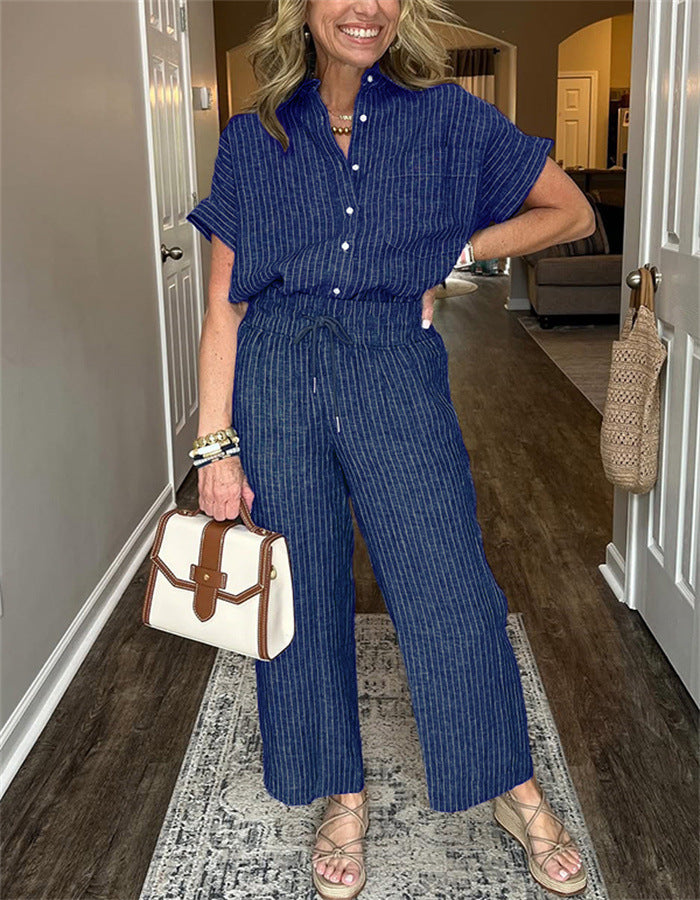 Casual Stripe Straight Pants Pant Co-ord Set In Polyester Fabric Featuring Stripe Design, 2 Pieces Set