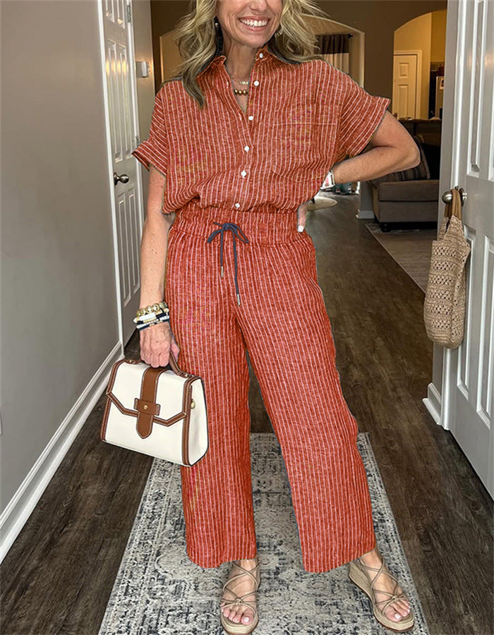 Casual Stripe Straight Pants Pant Co-ord Set In Polyester Fabric Featuring Stripe Design, 2 Pieces Set