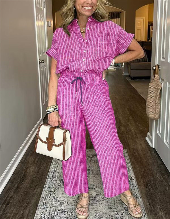Casual Stripe Straight Pants Pant Co-ord Set In Polyester Fabric Featuring Stripe Design, 2 Pieces Set