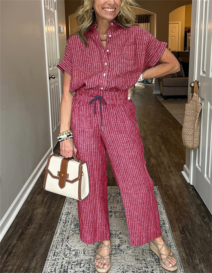 Casual Stripe Straight Pants Pant Co-ord Set In Polyester Fabric Featuring Stripe Design, 2 Pieces Set
