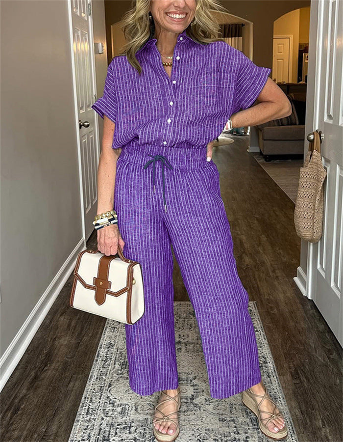 Casual Stripe Straight Pants Pant Co-ord Set In Polyester Fabric Featuring Stripe Design, 2 Pieces Set