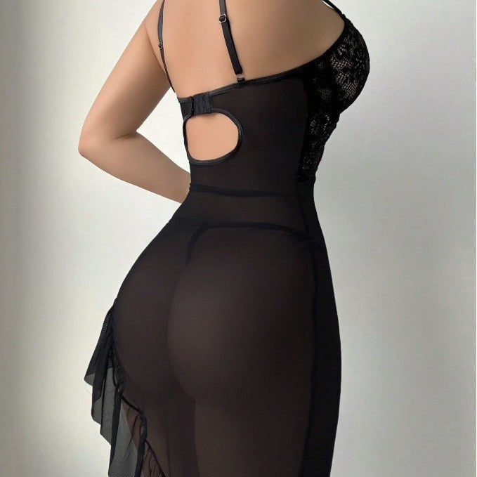 Elegant Black Lace V-neck Sleepwear Set Women's Sensual Chemise European Style Home Comfortable Underwear Polyester Mesh Fabric