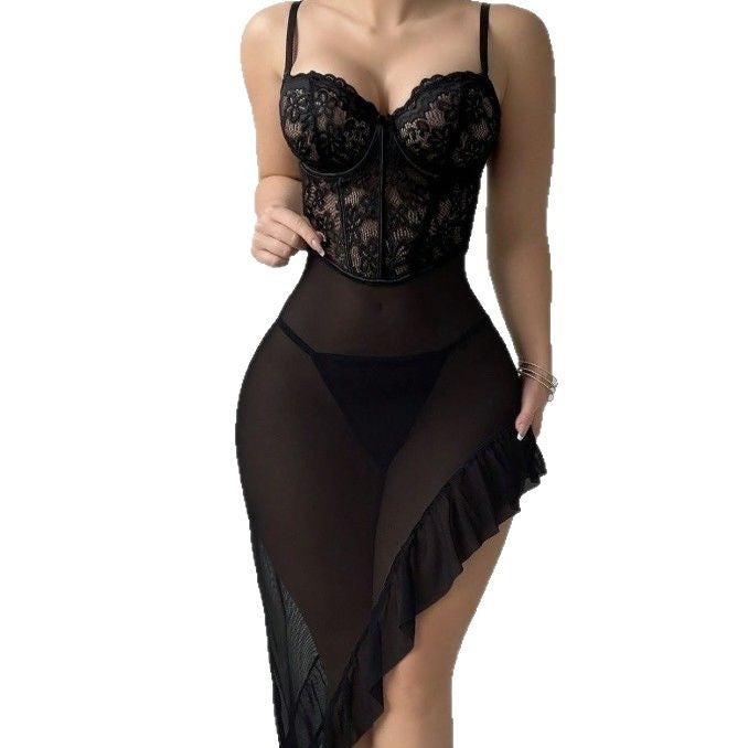 Elegant Black Lace V-neck Sleepwear Set Women's Sensual Chemise European Style Home Comfortable Underwear Polyester Mesh Fabric