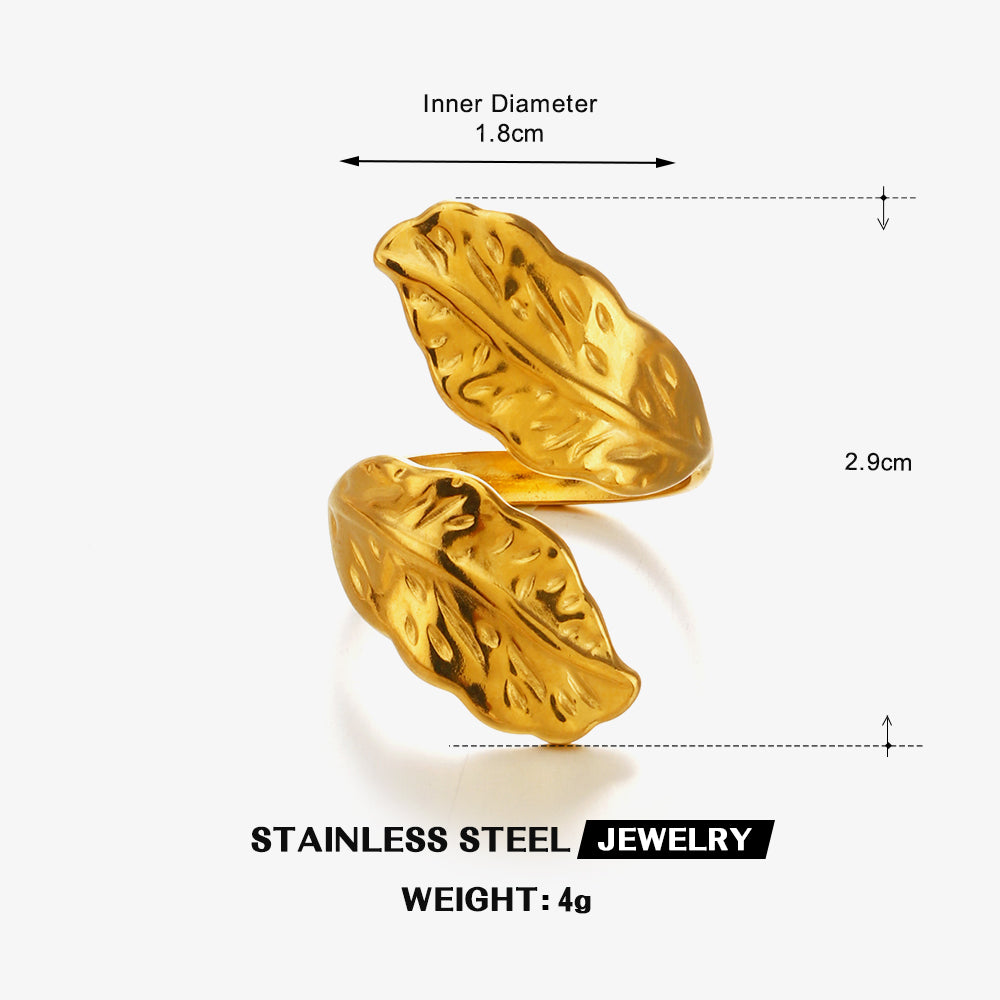 Feather Pattern Cutting Rings For Women, 304 Stainless Steel With 18K Real Gold PVD Coated Plating, 0.01µm Thickness