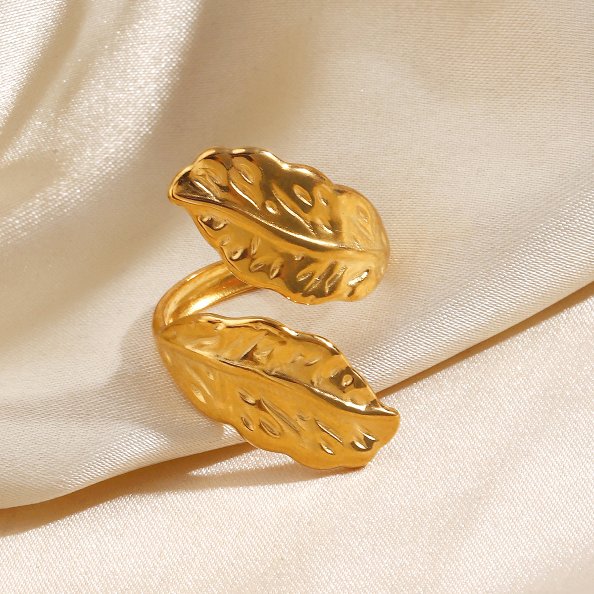 Feather Pattern Cutting Rings For Women, 304 Stainless Steel With 18K Real Gold PVD Coated Plating, 0.01µm Thickness