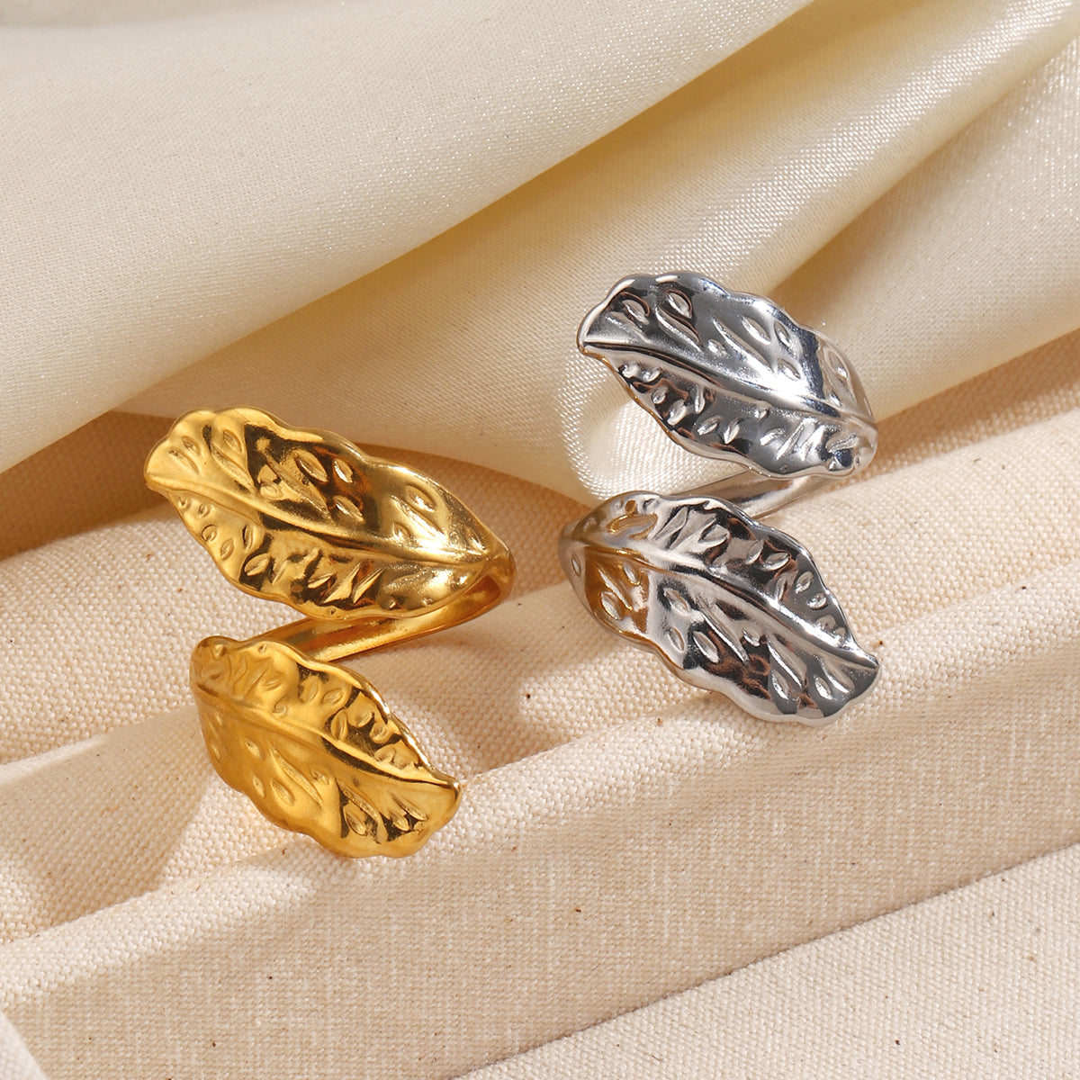 Feather Pattern Cutting Rings For Women, 304 Stainless Steel With 18K Real Gold PVD Coated Plating, 0.01µm Thickness