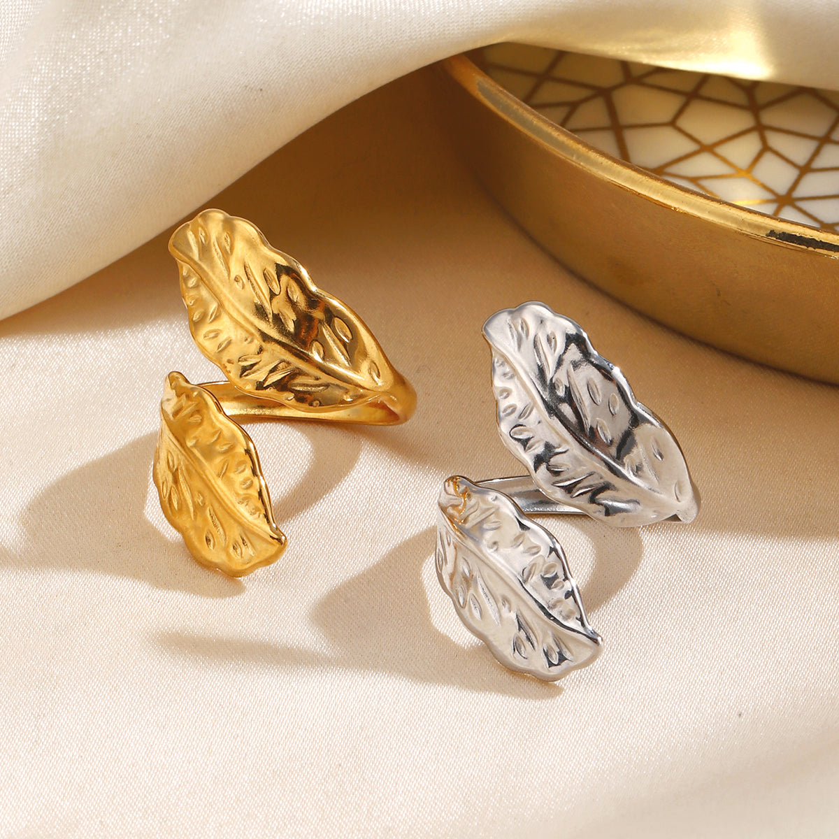Feather Pattern Cutting Rings For Women, 304 Stainless Steel With 18K Real Gold PVD Coated Plating, 0.01µm Thickness