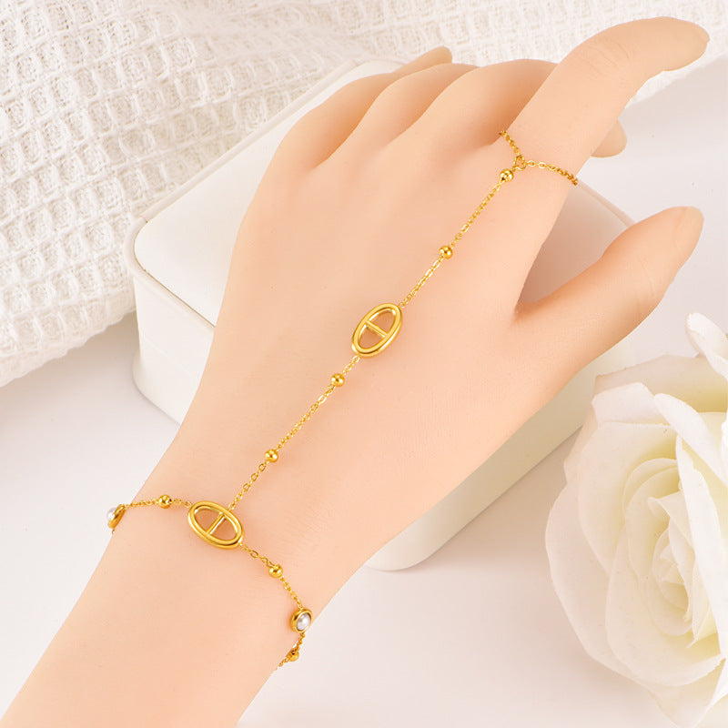 New Style Round Bead Linked Finger Bracelet Smooth Surface Gold Letter Pearl Finger Chain Birthday Gift Geometric Pattern Stainless Steel