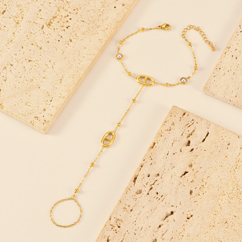 New Style Round Bead Linked Finger Bracelet Smooth Surface Gold Letter Pearl Finger Chain Birthday Gift Geometric Pattern Stainless Steel
