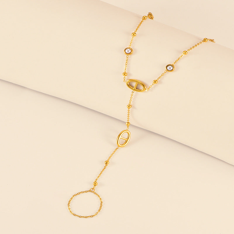 New Style Round Bead Linked Finger Bracelet Smooth Surface Gold Letter Pearl Finger Chain Birthday Gift Geometric Pattern Stainless Steel